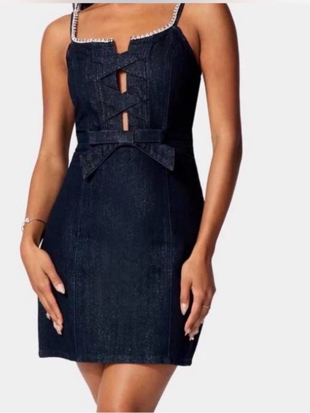 bebe Dark Blue Denim Bow Detail Rhinestone Strap Glitter Denim‎ Dress Size 0